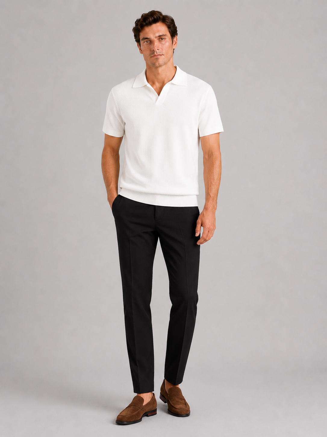 White knit polo t shirt for men lightweight short sleeve top for vacation and everyday wear