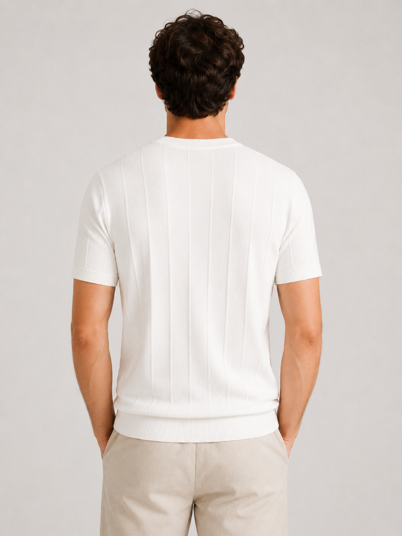 White knitted short sleeve shirt for men soft breathable fabric modern casual outfit
