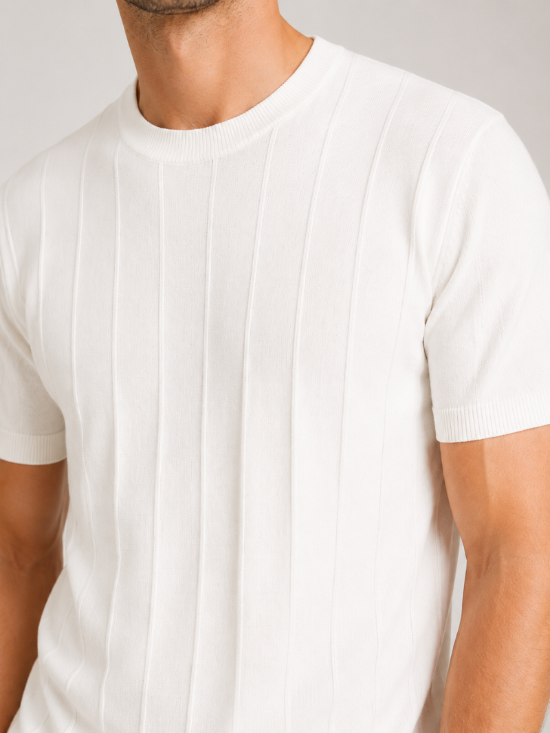 Men’s white knit summer top lightweight comfortable minimal smart casual wear