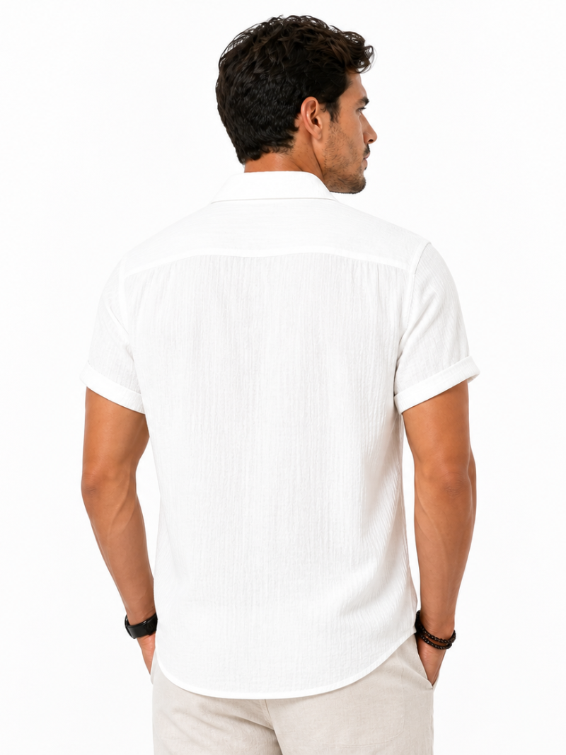 White cotton linen shirt short sleeve soft breathable fabric refined vacation outfit