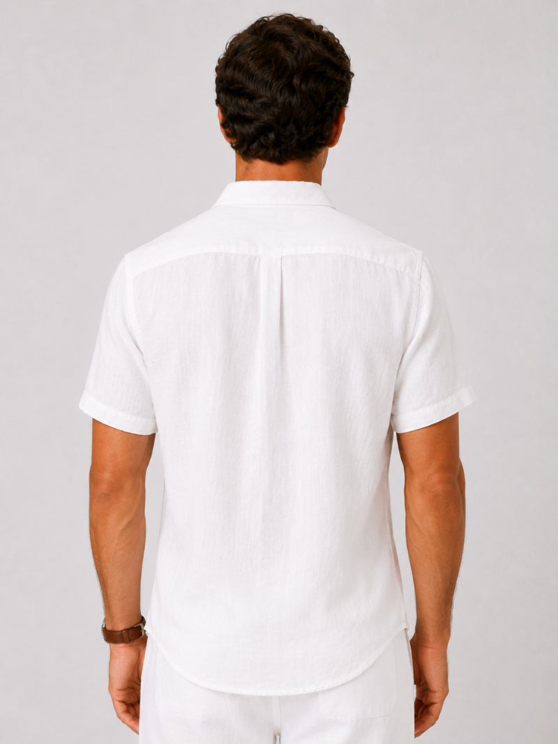 White linen short sleeve shirt for men soft breathable fabric clean vacation outfit