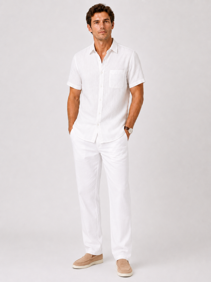 White short sleeve linen shirt minimal breathable fabric refined summer look