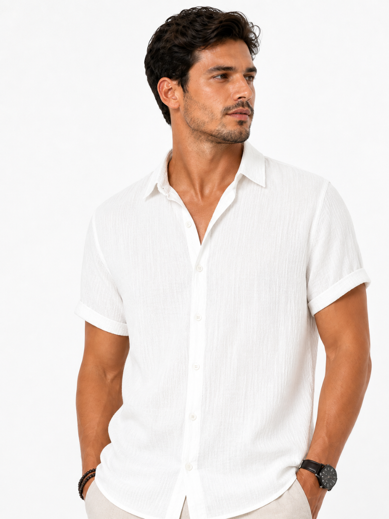 Men wearing white cotton linen short sleeve shirt lightweight breathable clean summer coastal style