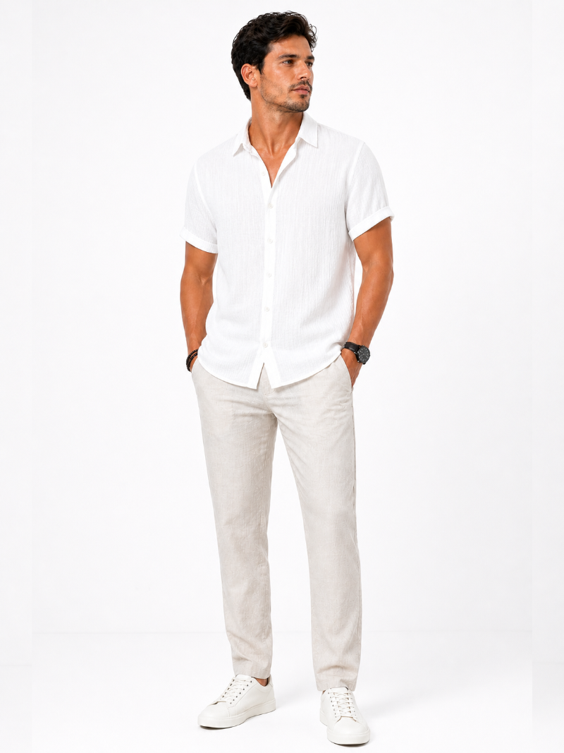 White cotton linen shirt short sleeve minimal breathable fabric elegant quiet luxury look
