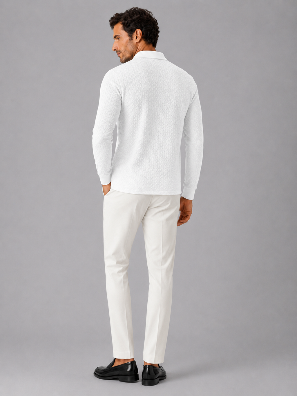 Men’s white business casual polo soft knit fabric for clean smart casual style