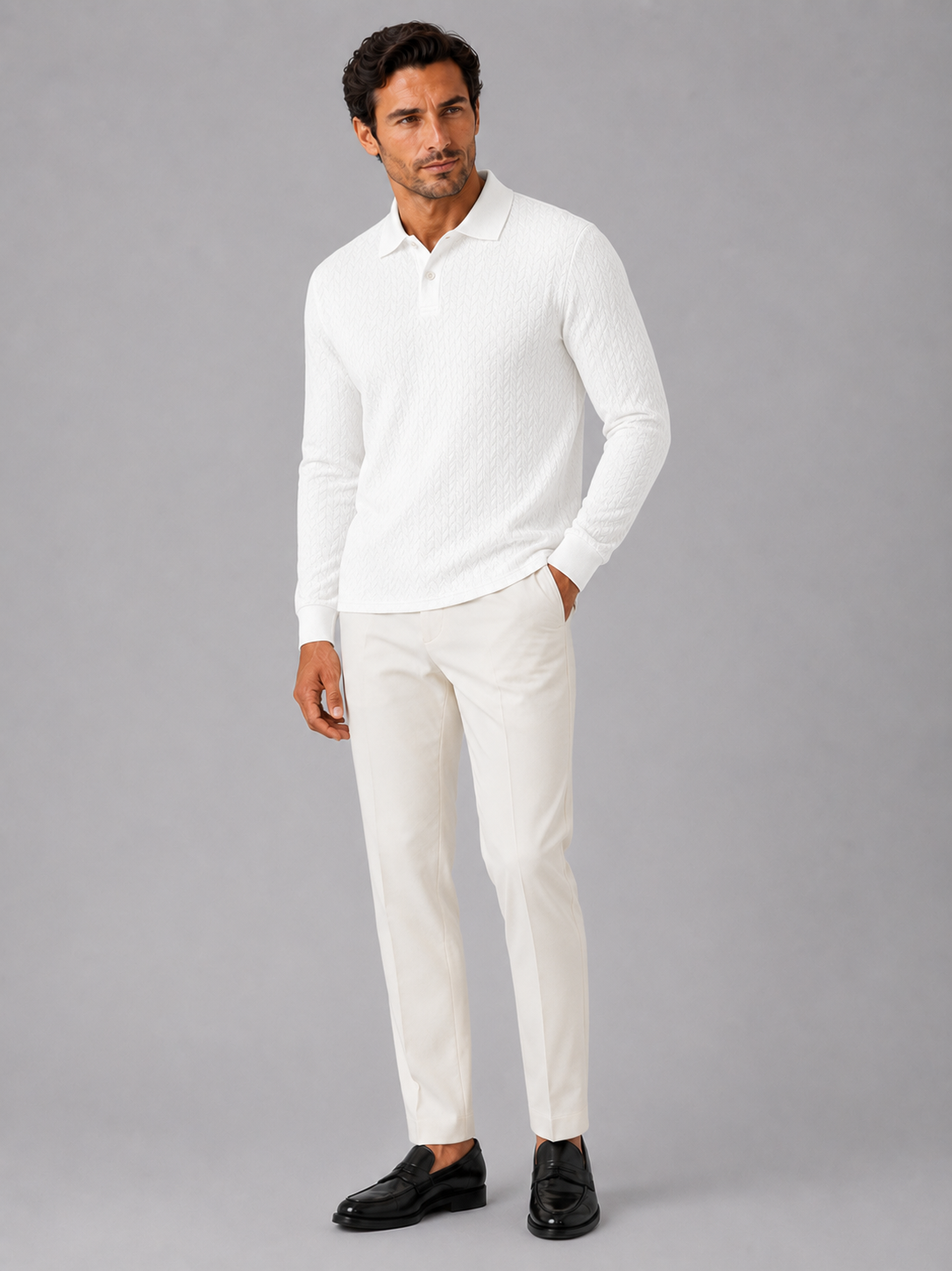 White long sleeve polo shirt for men comfortable knit top for office and vacation outfits