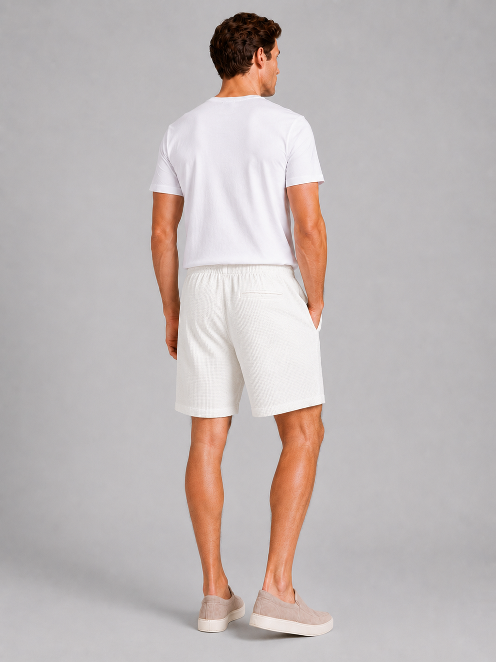 White drawstring shorts for men loose fit knee length summer shorts for vacation wear