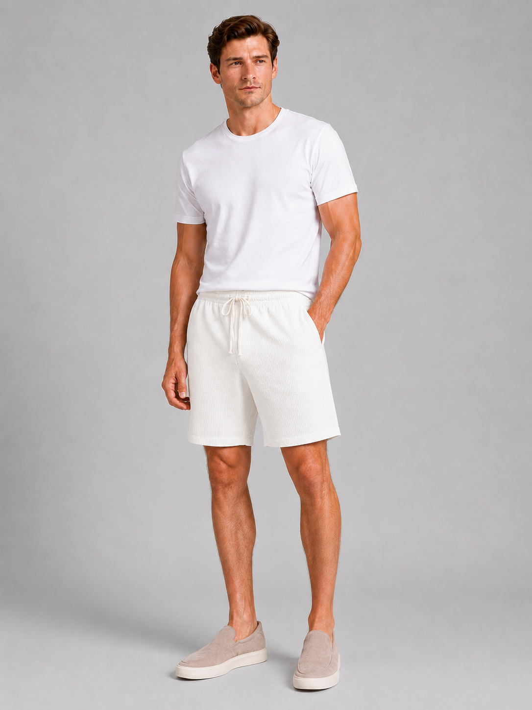 Men wearing white drawstring shorts waffle texture loose fit knee length summer casual style