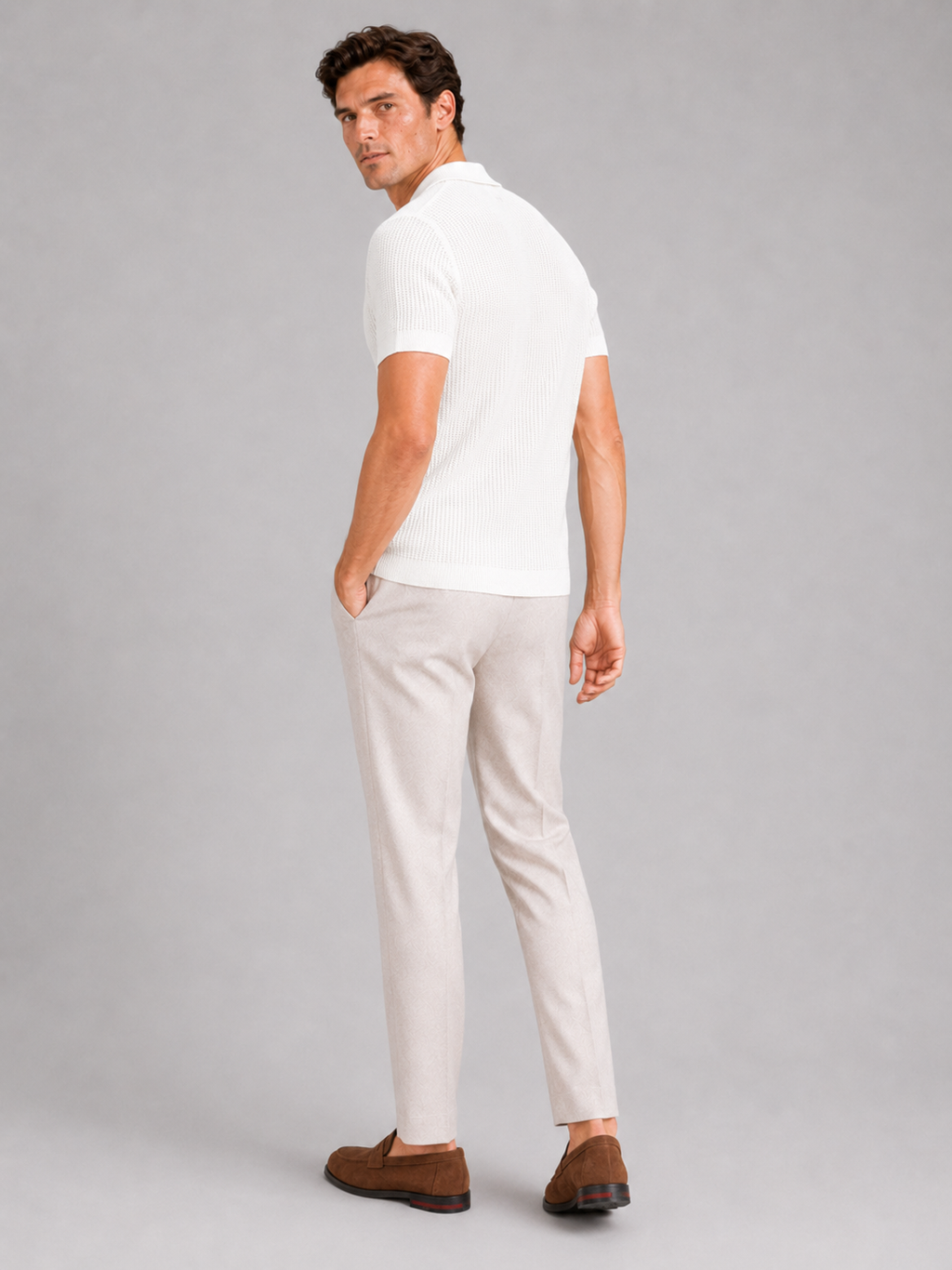 Men’s white breathable knit polo comfortable summer top for vacation and business casual outfits