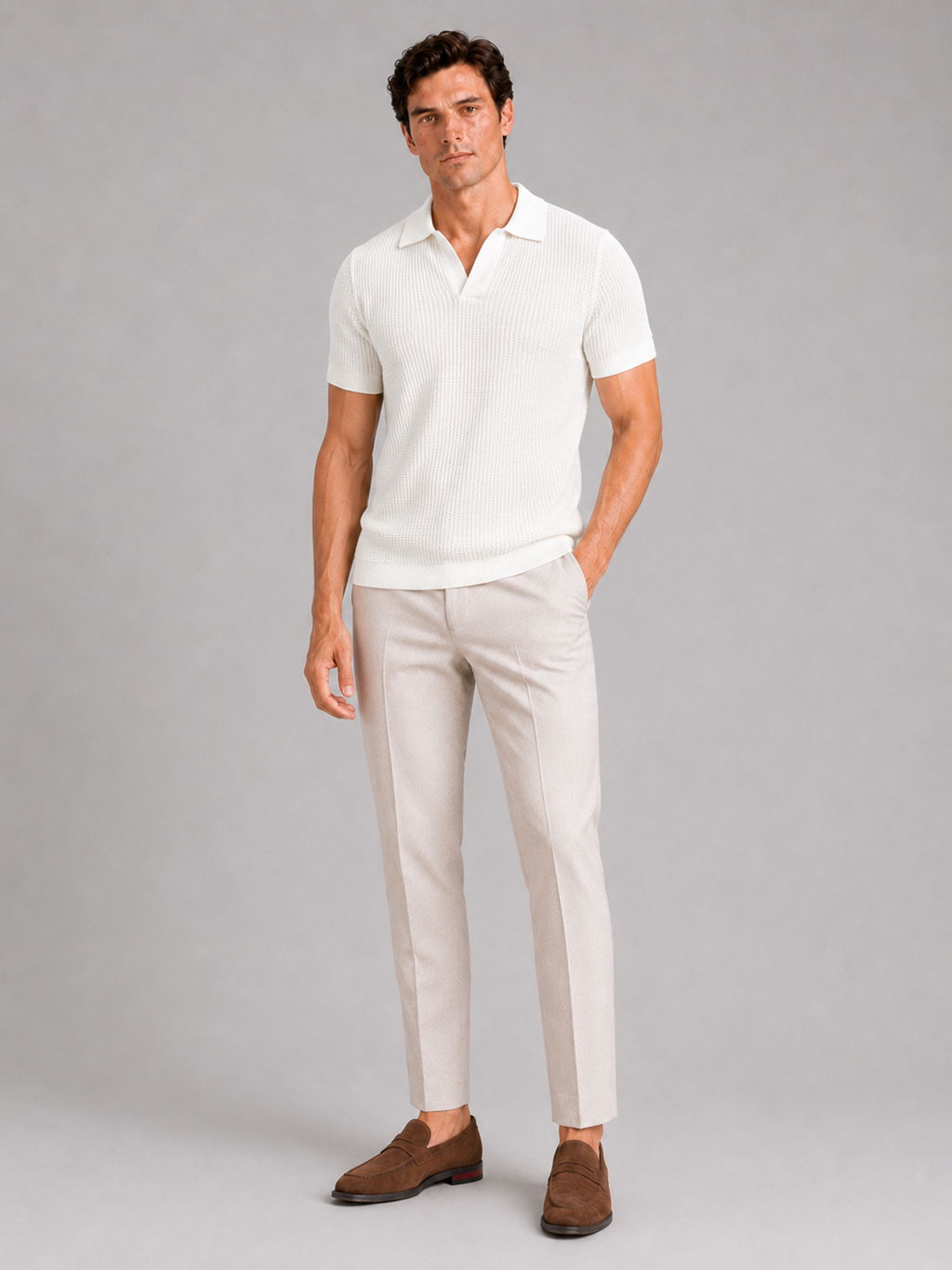 White slim fit knit polo shirt for men wrinkle resistant short sleeve summer wear