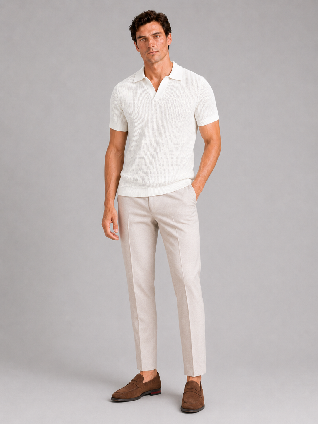 White slim fit knit polo shirt for men wrinkle resistant short sleeve summer wear