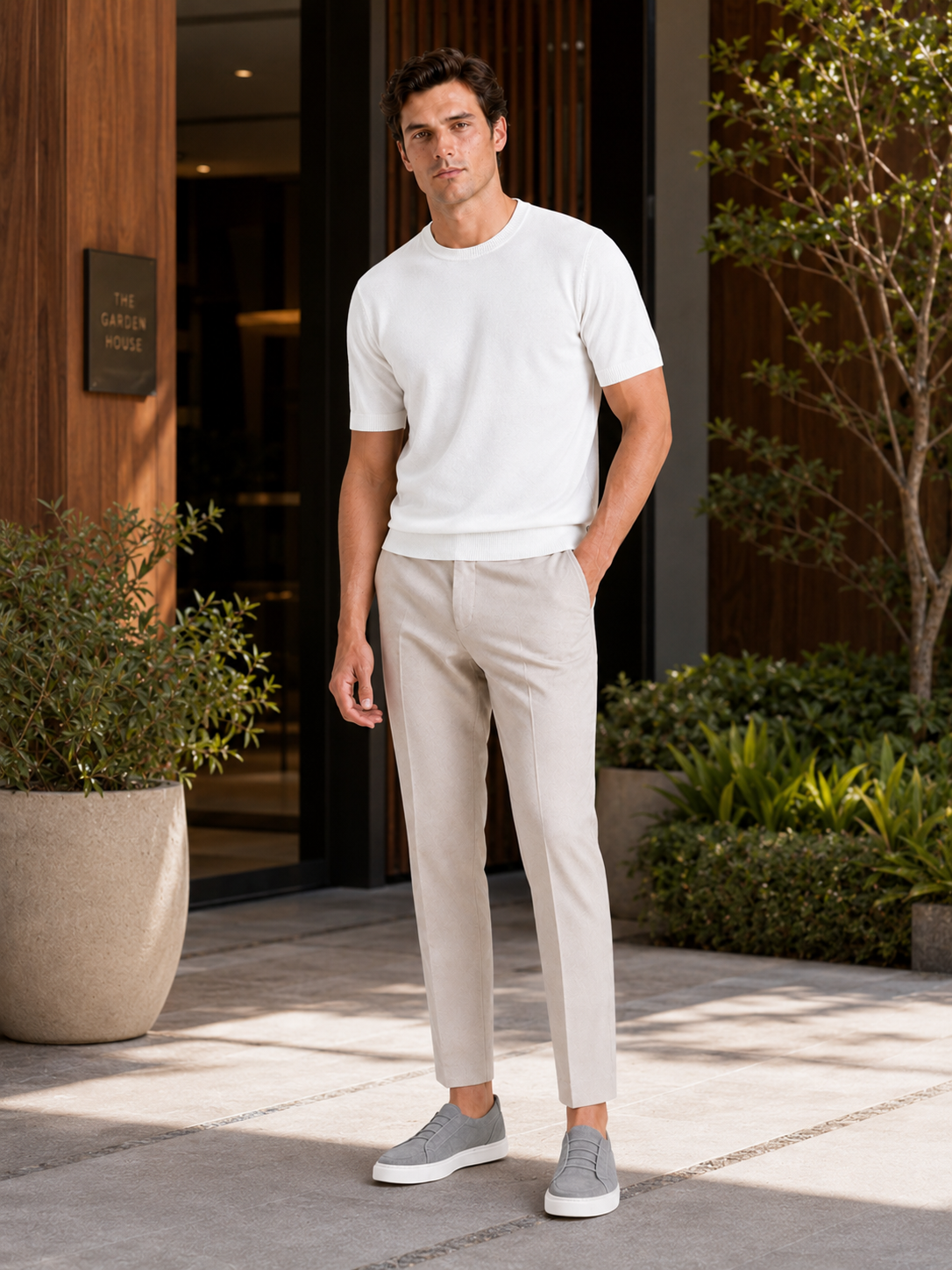 Man styling white merino wool knit t shirt in a clean summer business casual lifestyle outfit