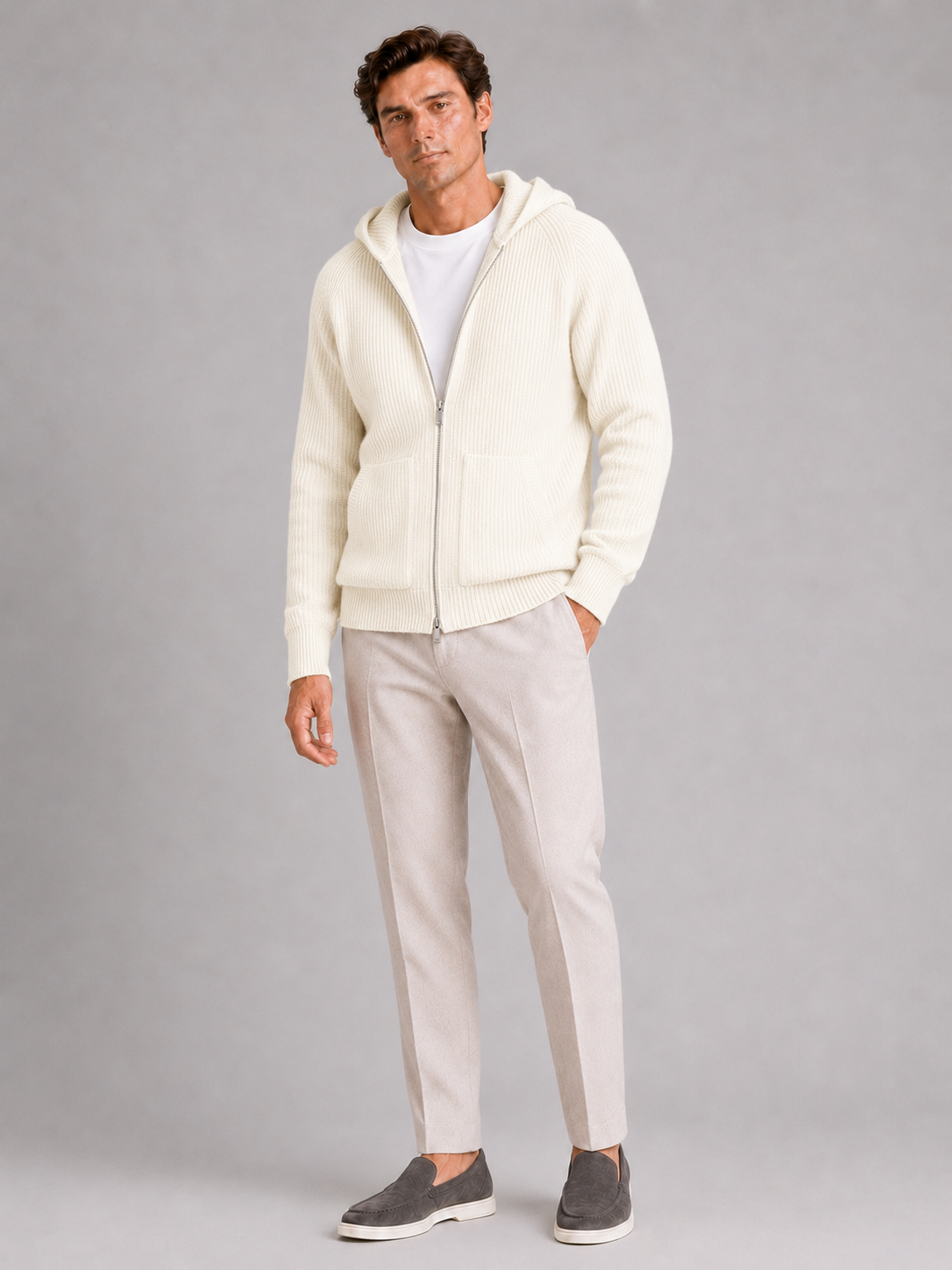 Men’s white thick knit hoodie cardigan warm merino wool sweater for clean casual outfits