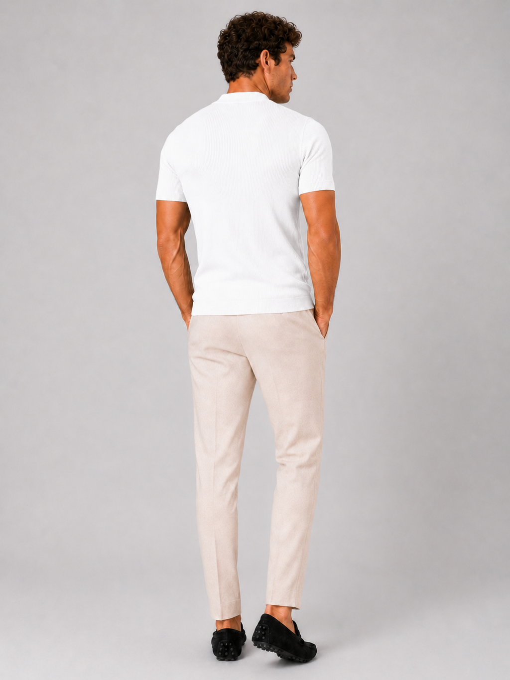 Men’s white short sleeve ribbed top slim fit comfortable stretch casual outfit