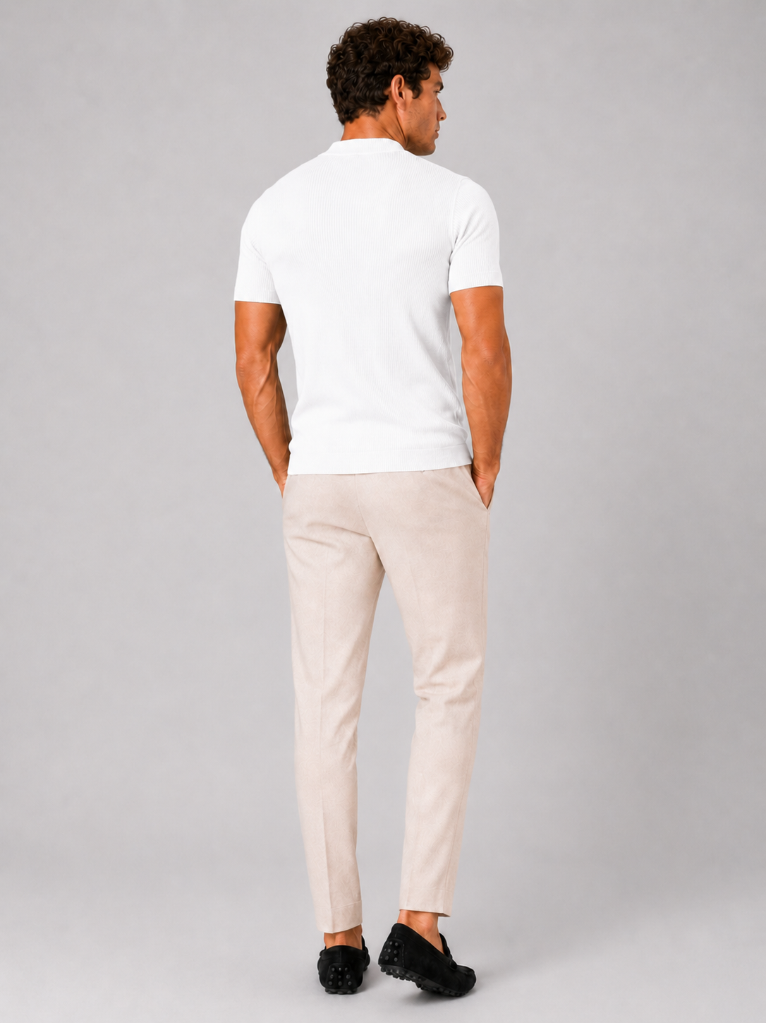 Men’s white short sleeve ribbed top slim fit comfortable stretch casual outfit