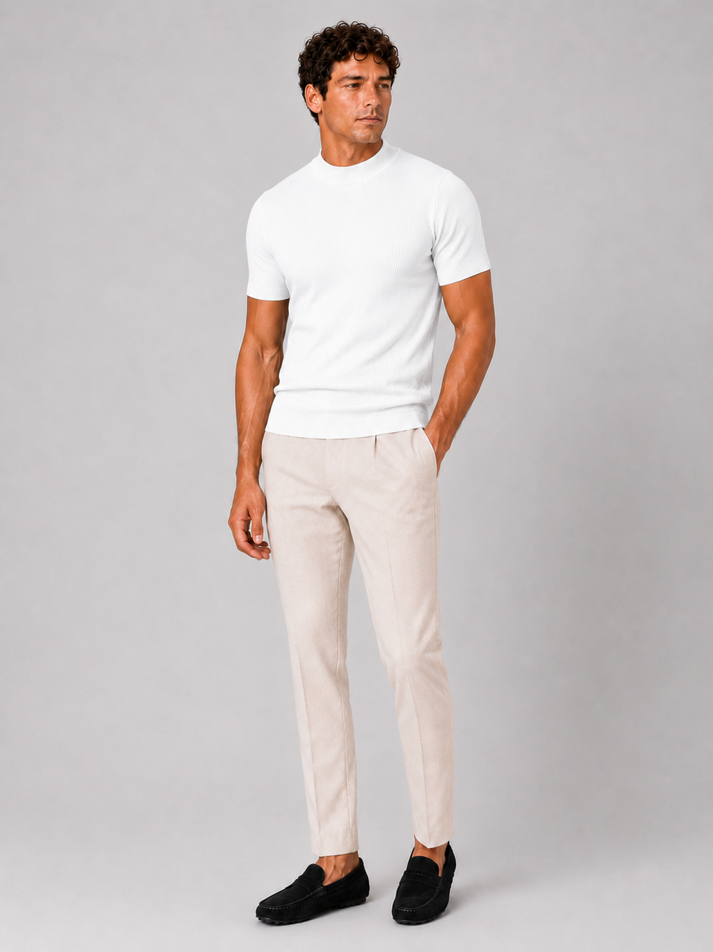 White fitted mock neck t shirt for men breathable ribbed fabric casual summer wear