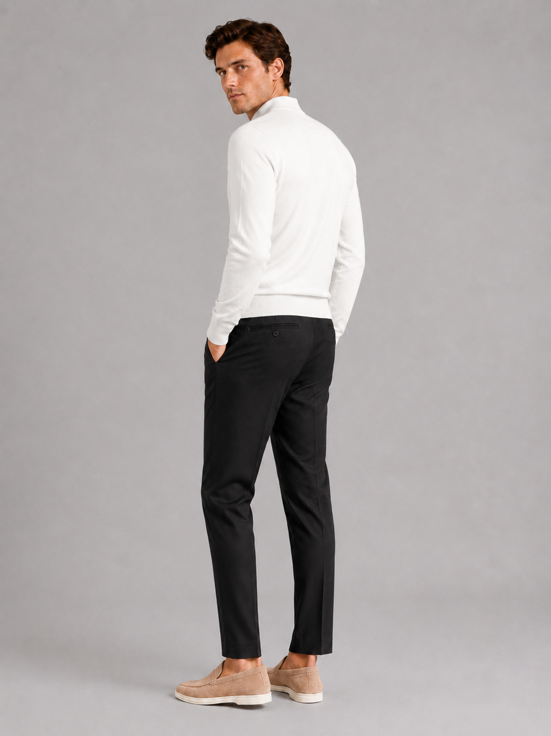 Men’s white knit pullover warm slim fit sweater for clean casual outfits