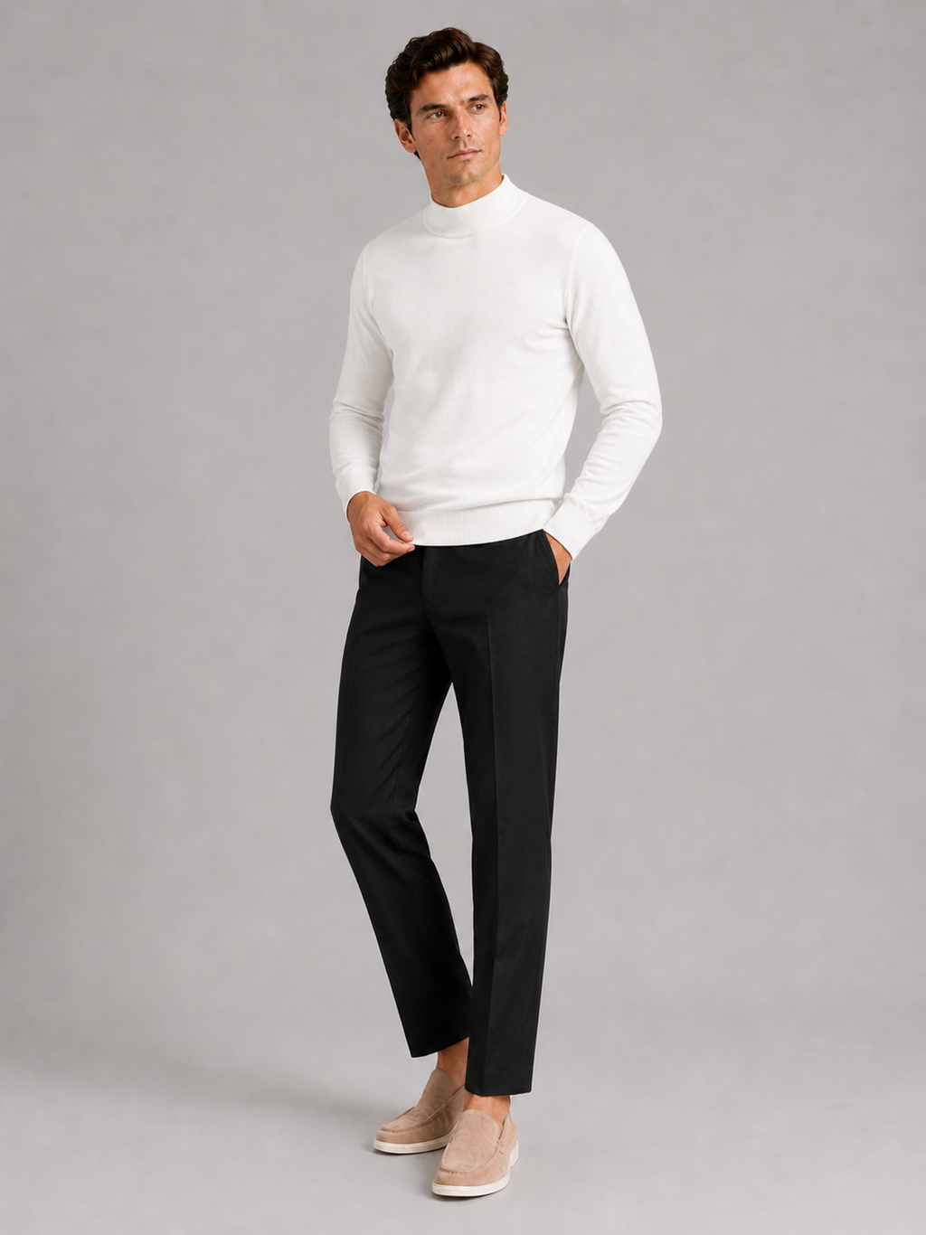 White mock neck sweater for men slim fit warm pullover for everyday winter wear