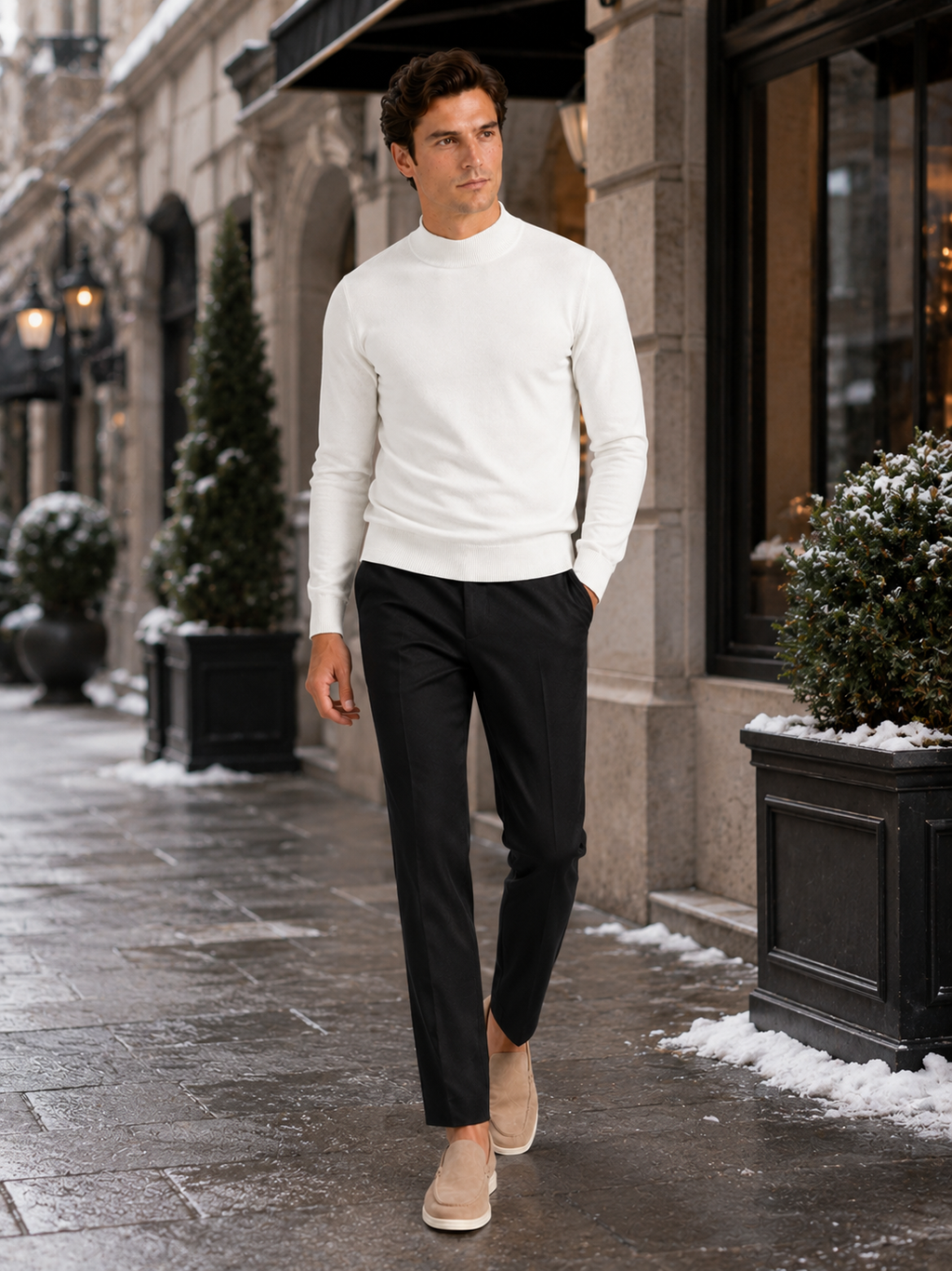 Man styling white mock neck sweater in a minimal winter lifestyle outfit