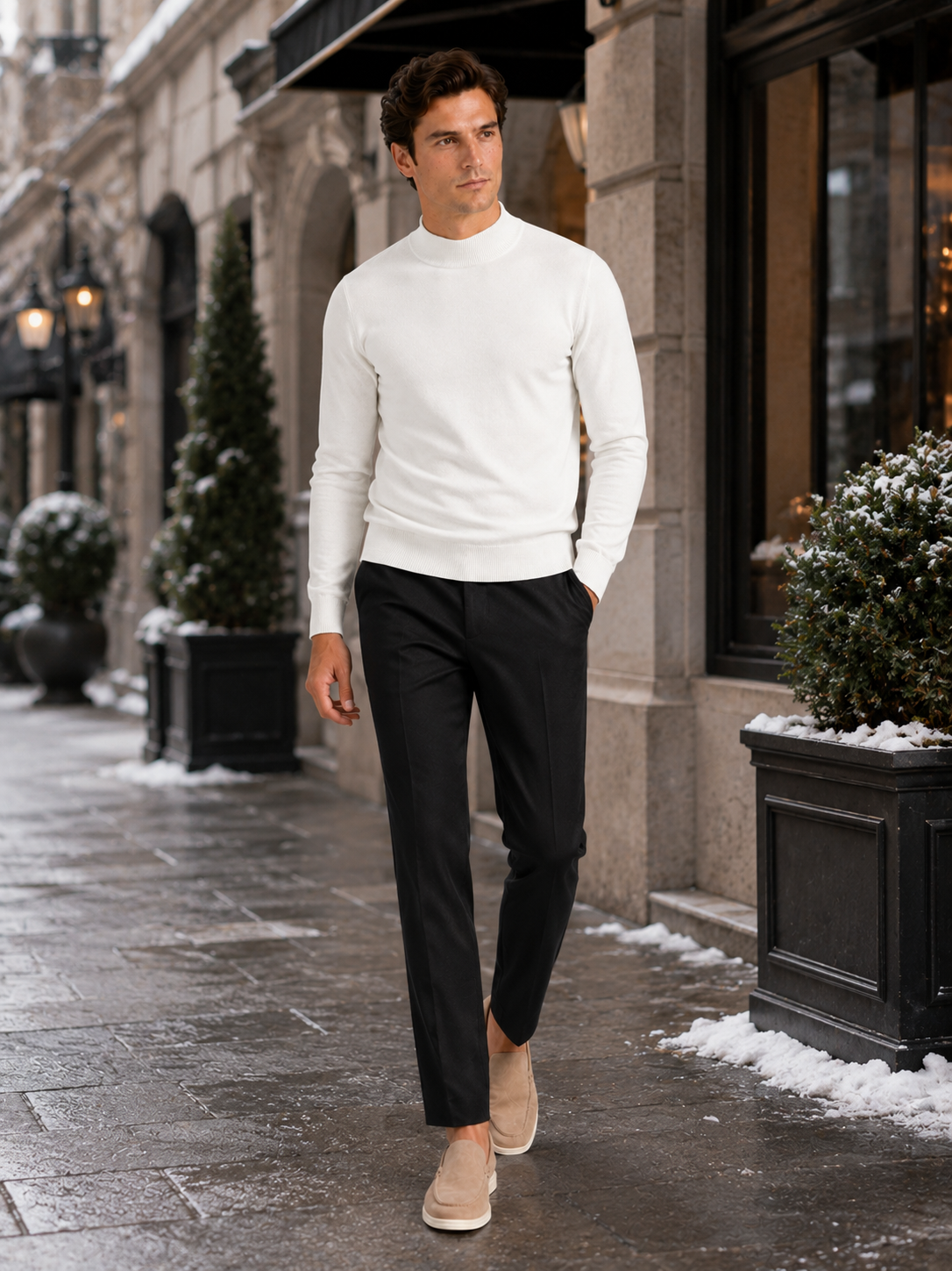 Man styling white mock neck sweater in a minimal winter lifestyle outfit
