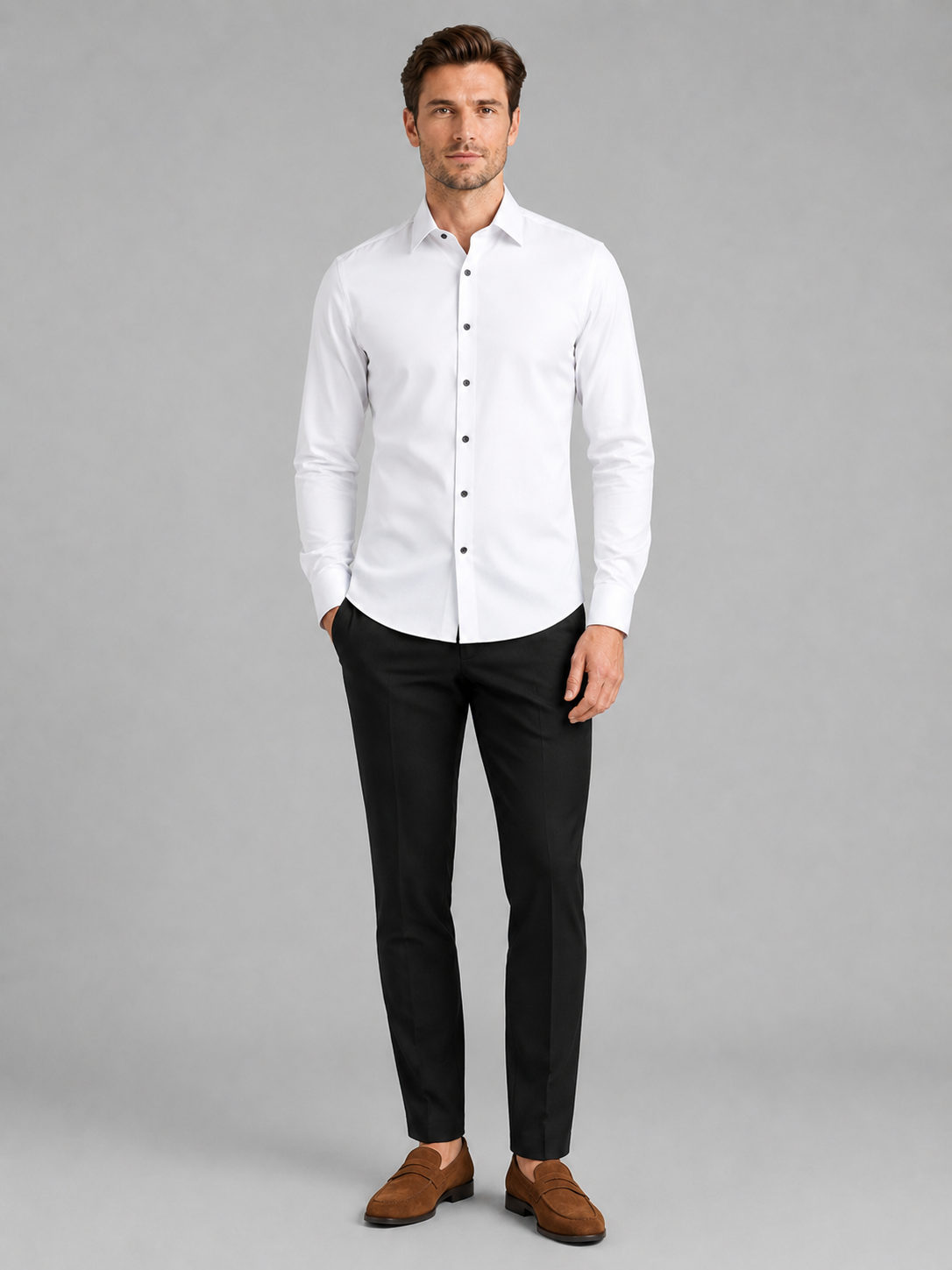 White button down dress shirt for men long sleeve office shirt for business casual wear