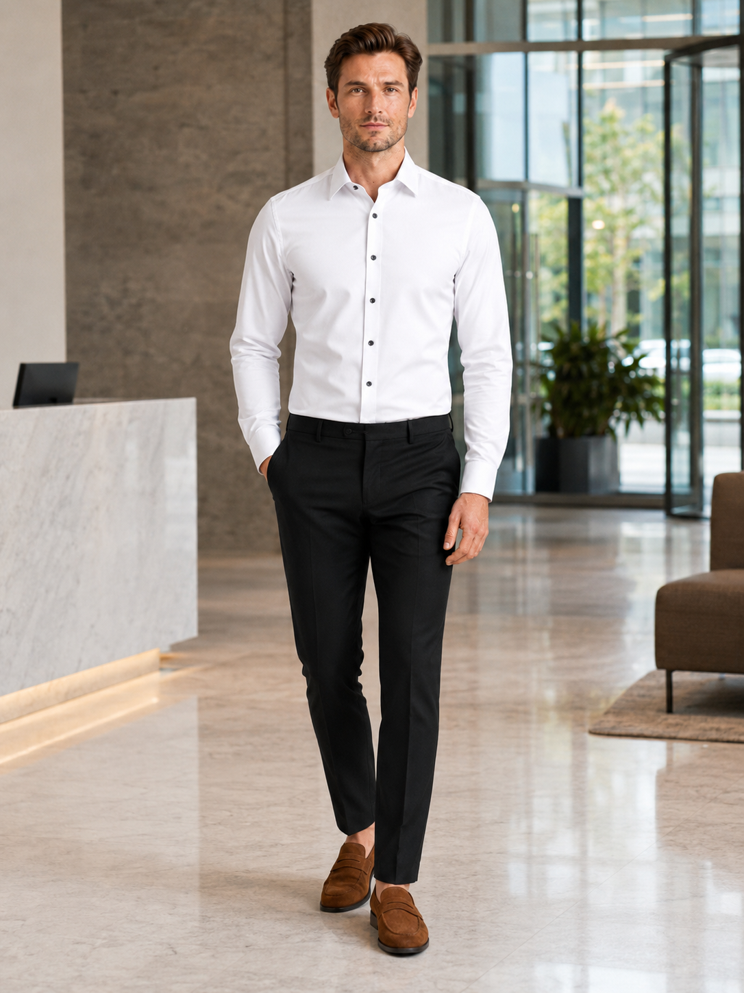 Man styling white button down dress shirt in a clean business casual office outfit