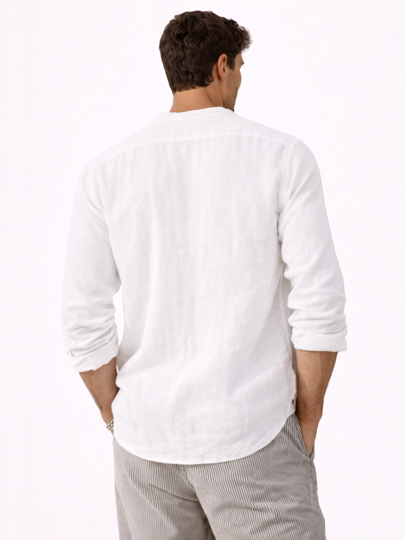 White linen V-neck long sleeve shirt for men, clean minimalist organic cotton-linen style