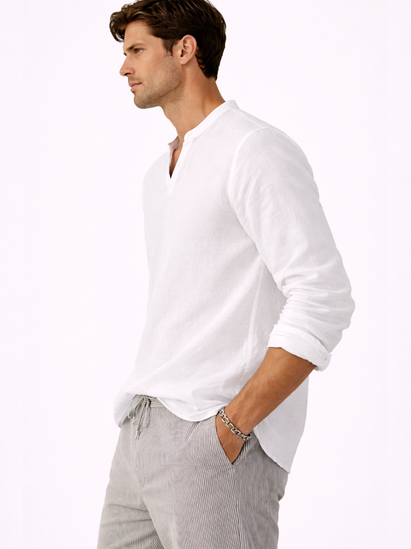 Classic white linen long sleeve V-neck shirt for men, airy organic fabric casual wear