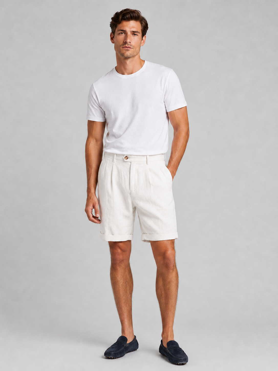 White linen blend shorts for men pleated design refined smart casual vacation outfit
