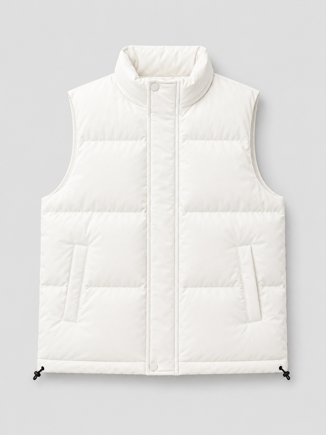 Man wearing a white thick insulated puffer vest in a casual fall winter outfit for outdoor and everyday wear