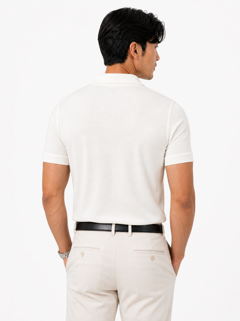 Men’s white short sleeve quarter zip polo lightweight comfortable summer business casual wear