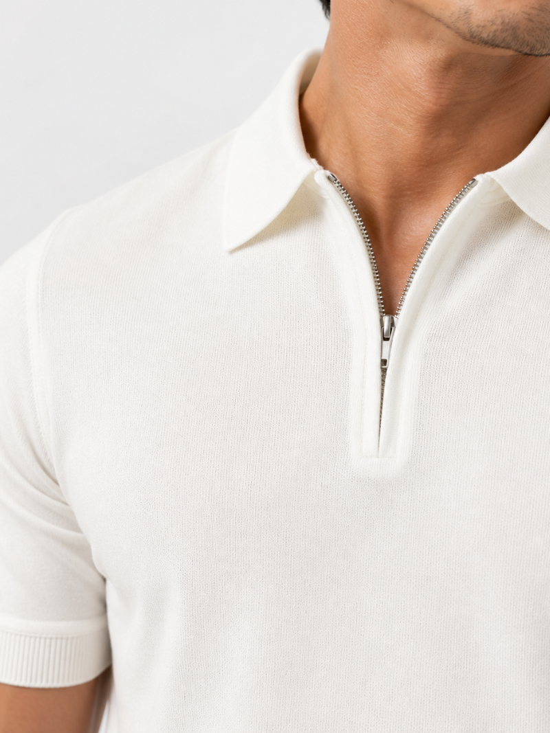 White quarter zip polo shirt short sleeve minimal breathable top quiet luxury style