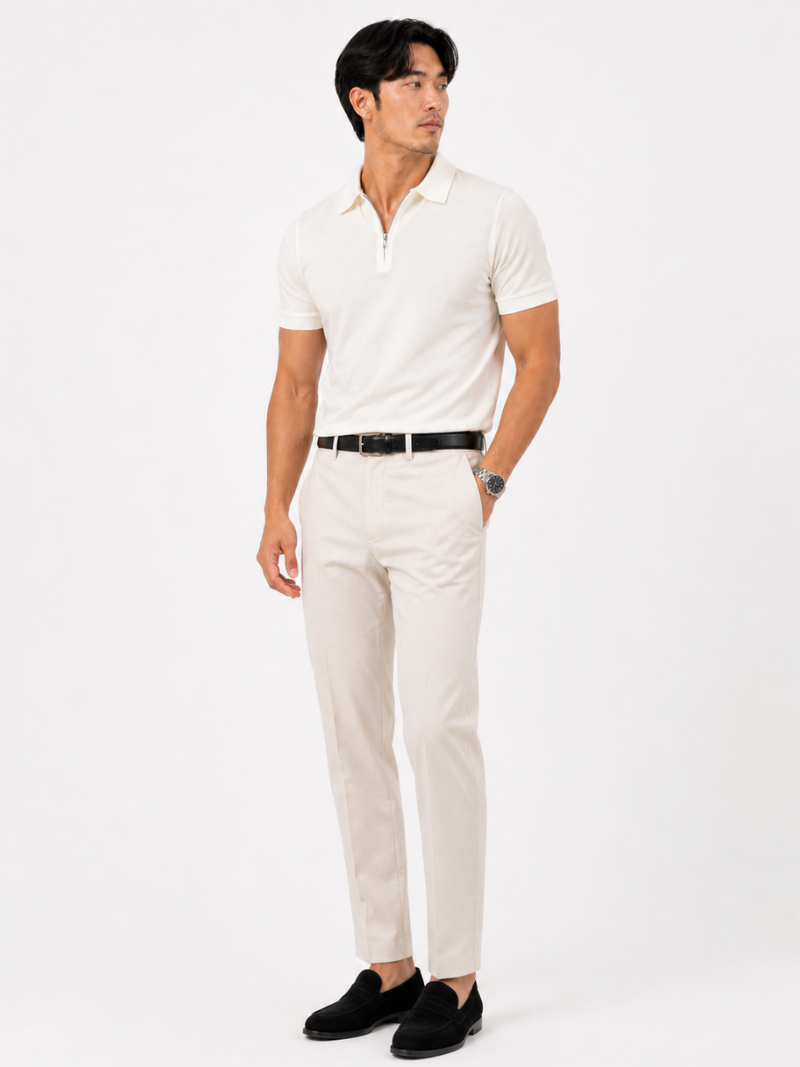 White short sleeve quarter zip polo soft breathable fabric modern business casual summer look
