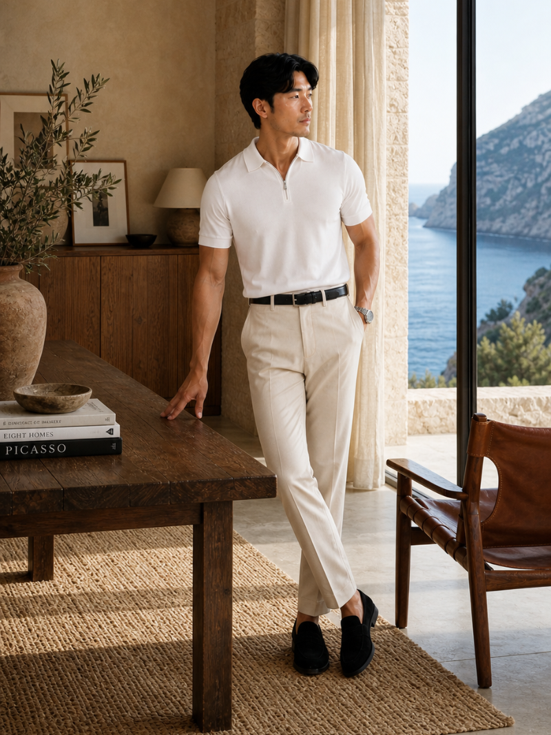 Men wearing white quarter zip polo shirt short sleeve lightweight breathable summer business casual style