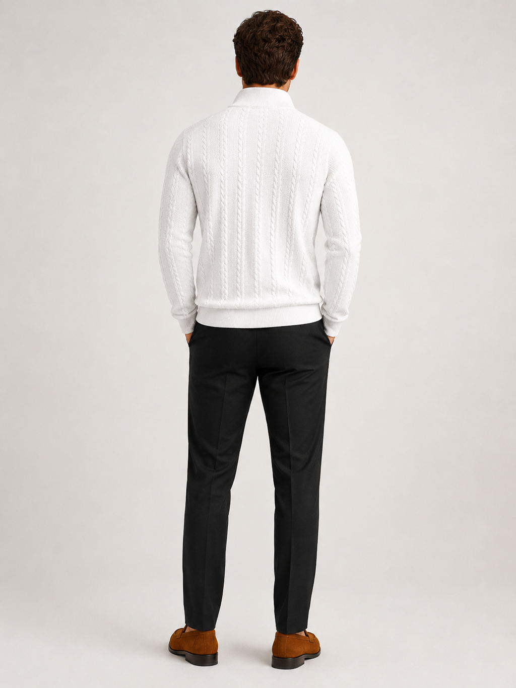Men’s white textured knit quarter zip sweater comfortable cold weather layer for casual outfits
