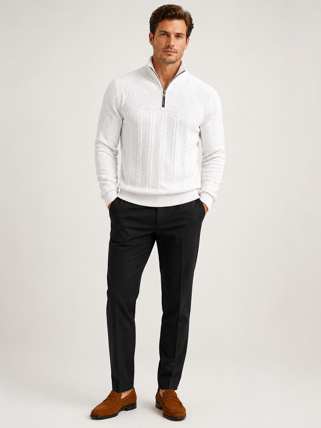 White jacquard quarter zip sweater for men warm long sleeve fall winter pullover for everyday wear