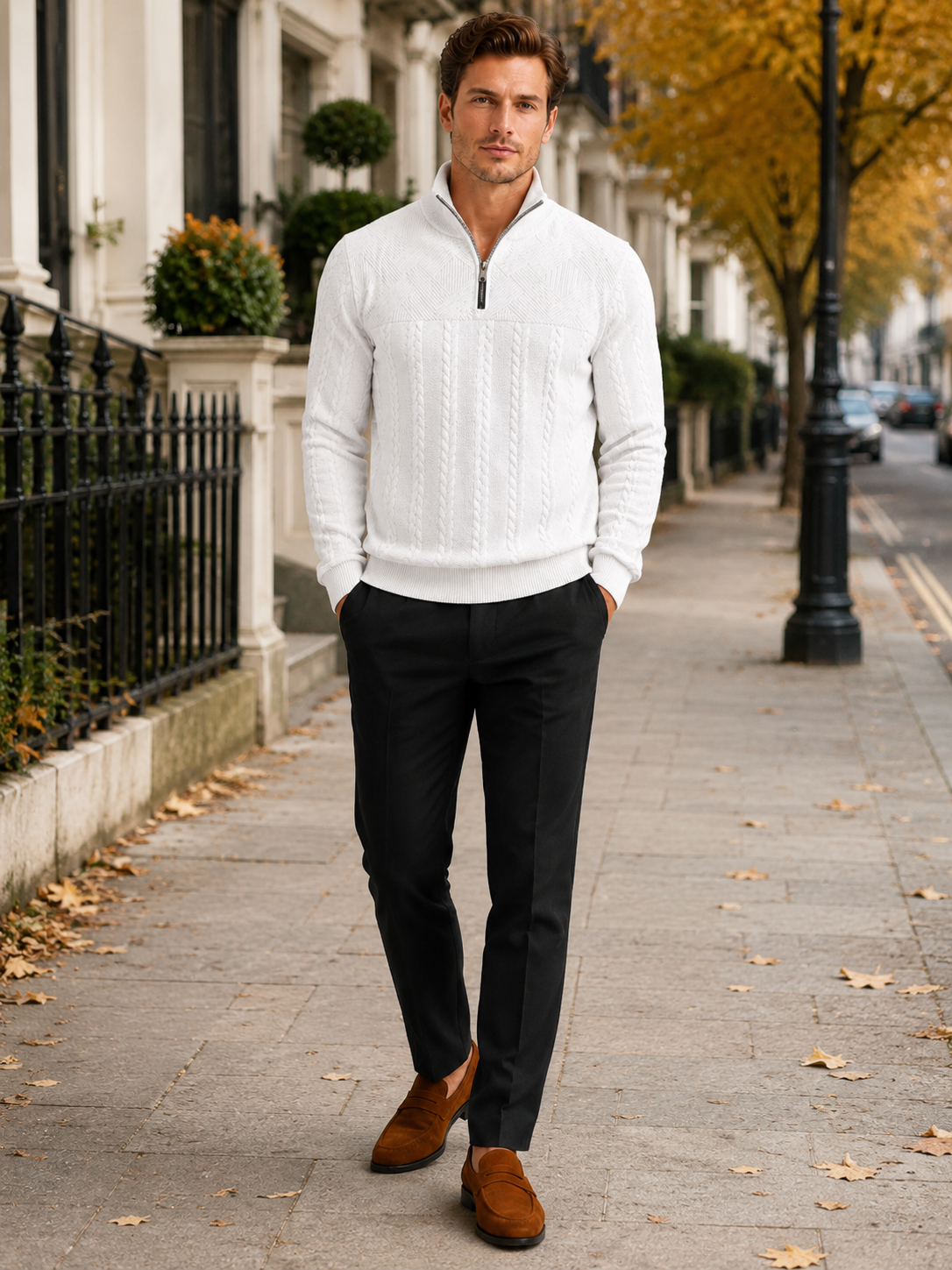 Man styling white jacquard quarter zip sweater in a clean everyday winter lifestyle outfit