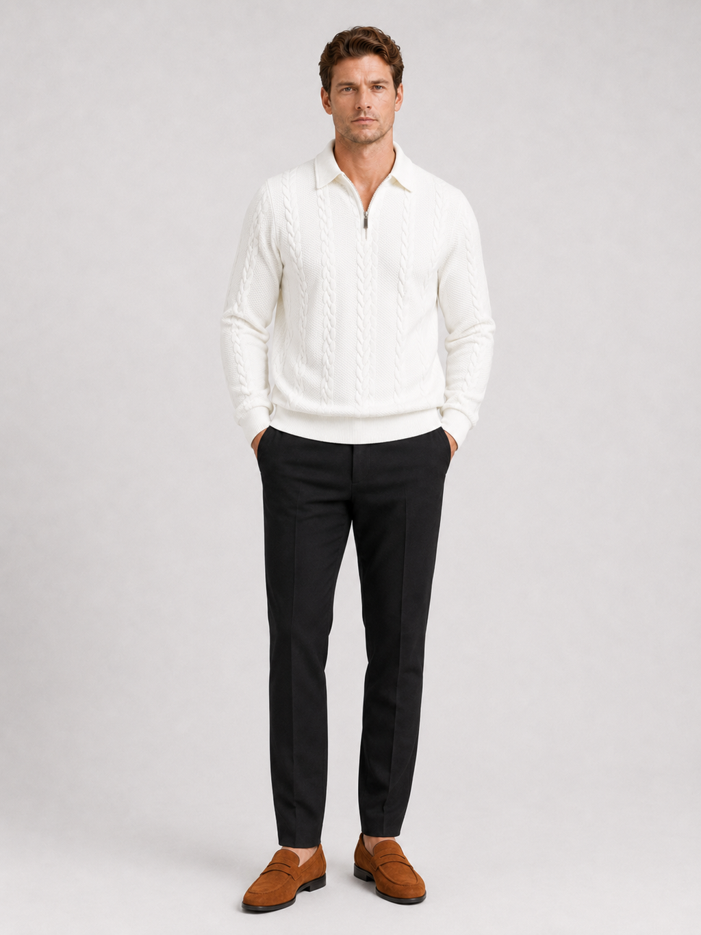 Men’s white knit quarter zip sweater comfortable warm layer for everyday and weekend outfits