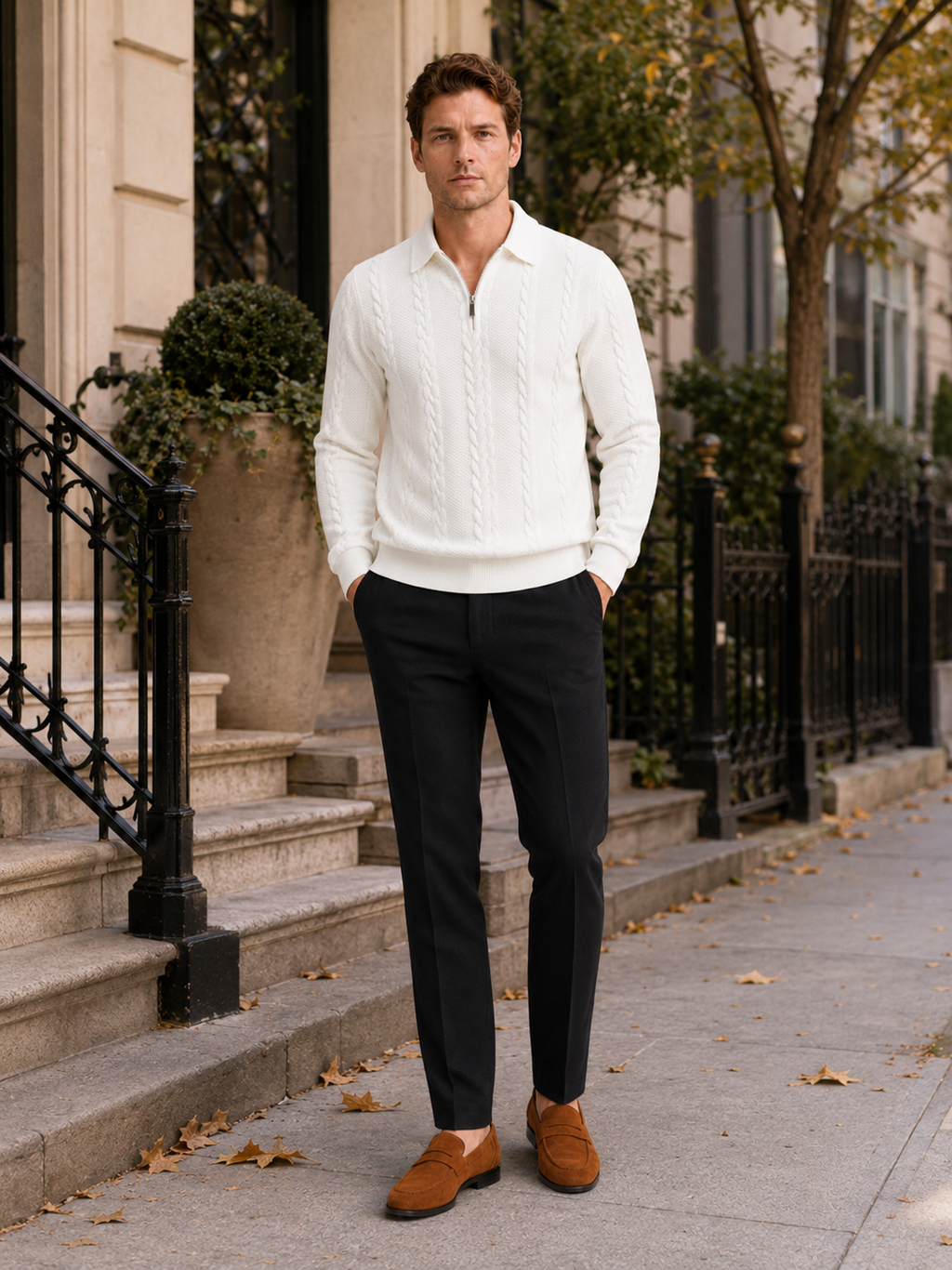 Man styling white quarter zip sweater in a crisp casual fall winter lifestyle outfit
