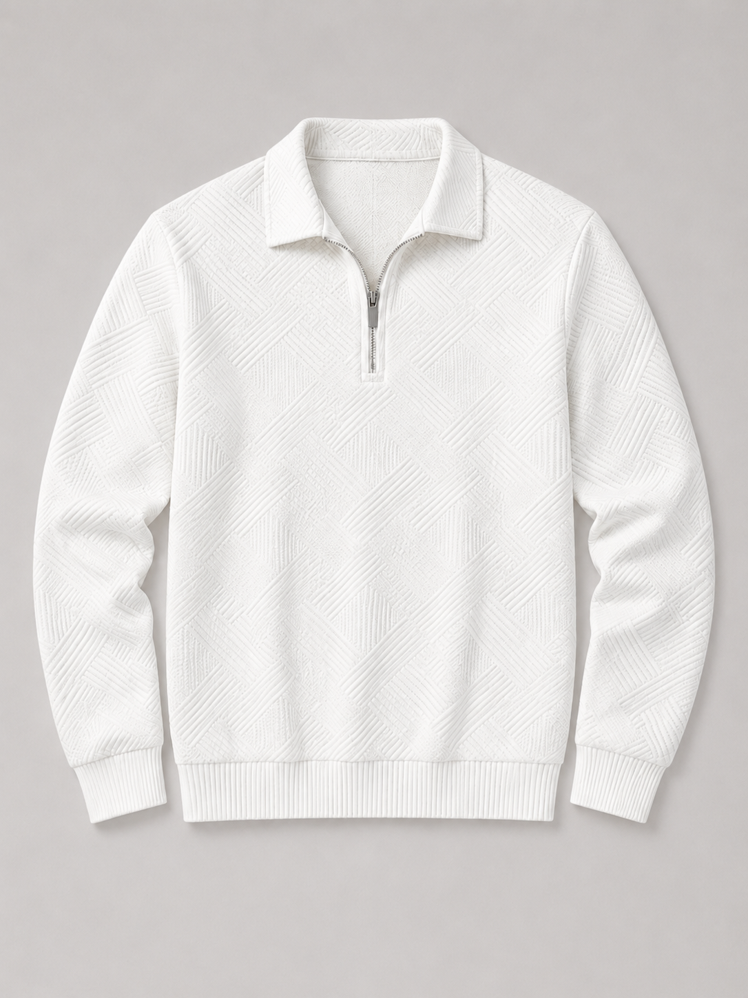 White men’s lightweight quarter zip polo sweater with long sleeves displayed on a plain background