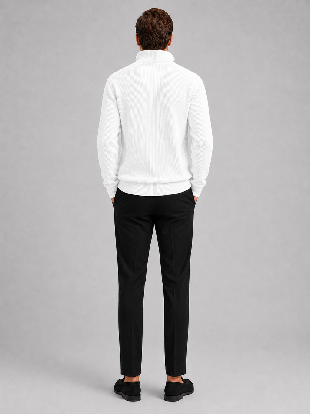 Men’s white stand collar knit sweater comfortable fall winter layer for business casual outfits