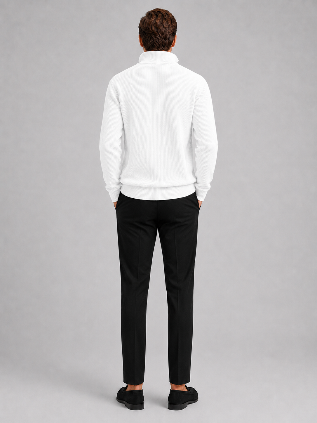 Men’s white stand collar knit sweater comfortable fall winter layer for business casual outfits