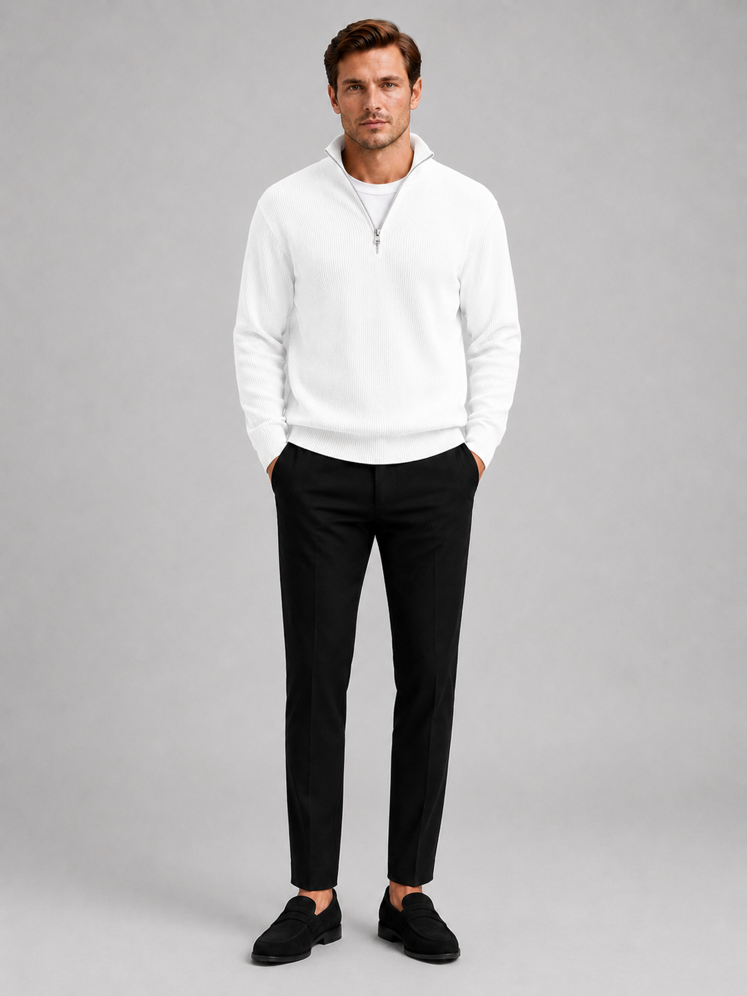 White ribbed quarter zip sweater for men warm long sleeve pullover for everyday winter wear