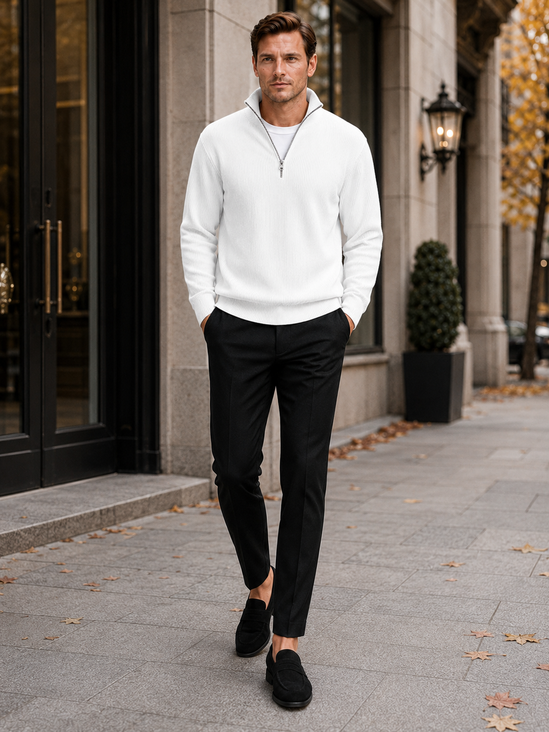Man styling white ribbed quarter zip sweater in a crisp everyday winter lifestyle outfit