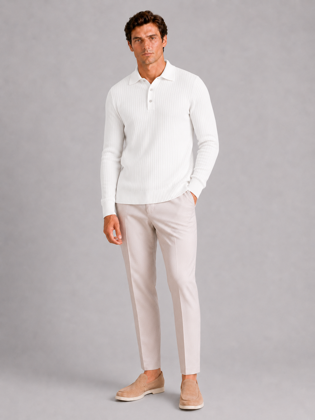 Men’s white ribbed polo shirt breathable casual top for vacation and smart casual outfits