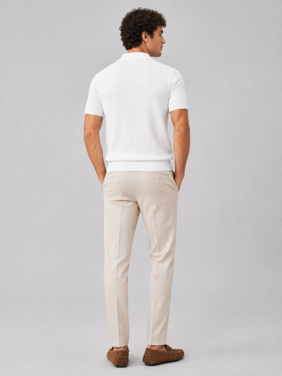 Men’s white breathable knit polo shirt soft stretch fabric for vacation and summer outfits