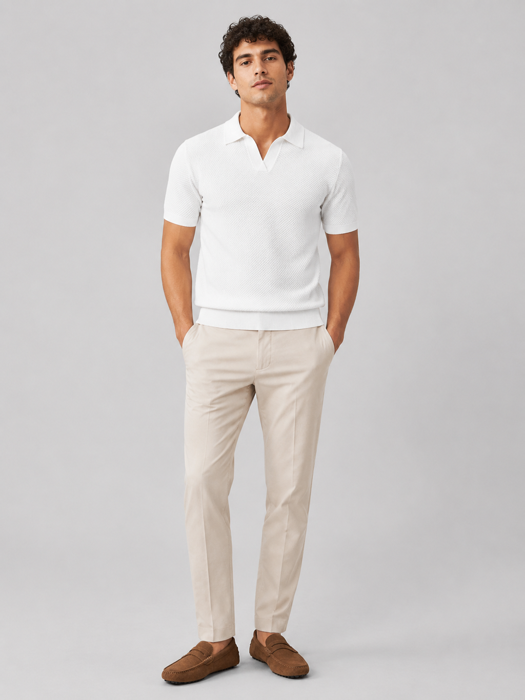 White short sleeve knit polo for men comfortable lightweight summer casual wear