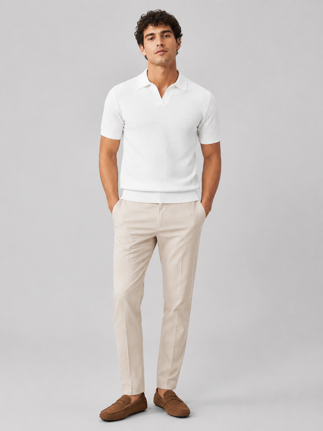 White short sleeve knit polo for men comfortable lightweight summer casual wear