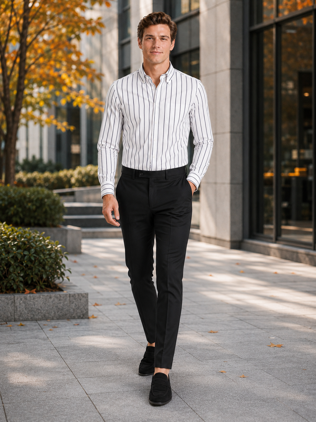 Man styling white striped button down shirt in a clean office and business casual outfit