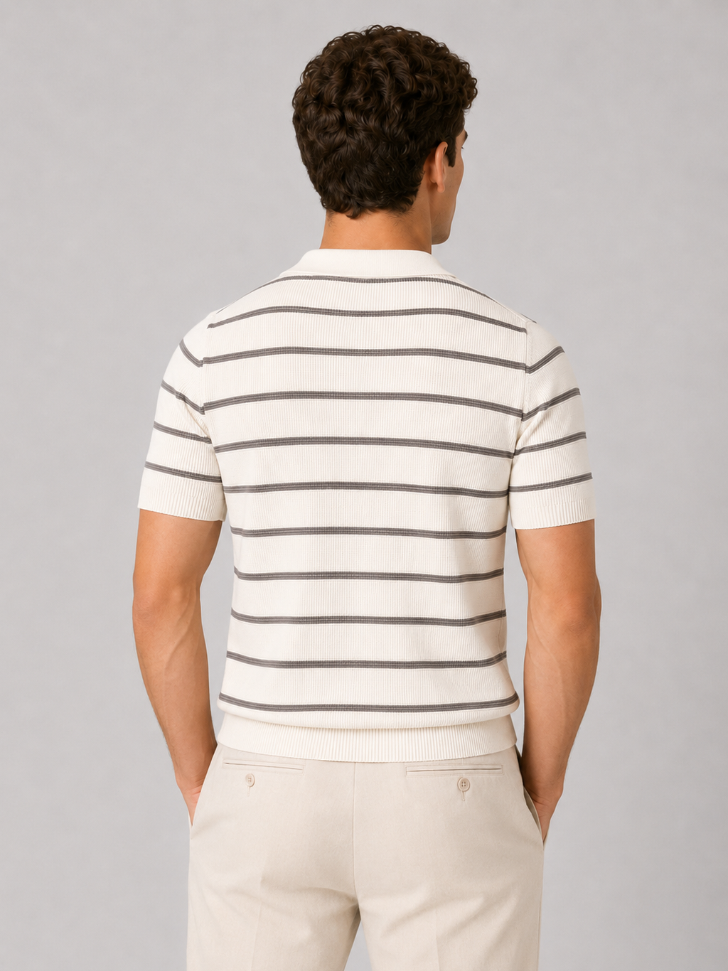 Men’s white striped knit polo short sleeve lightweight breathable smart casual wear